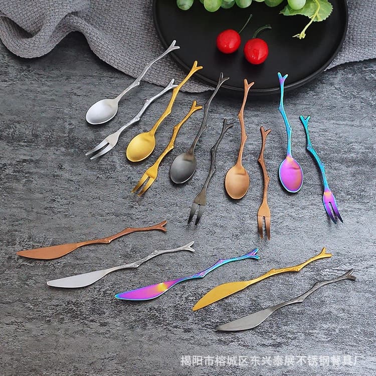 Creative stainless steel knife, fork and spoon set, retro branch knife and fork, Mid-Autumn moon cake knife and fork, fruit fork, coffee spoon