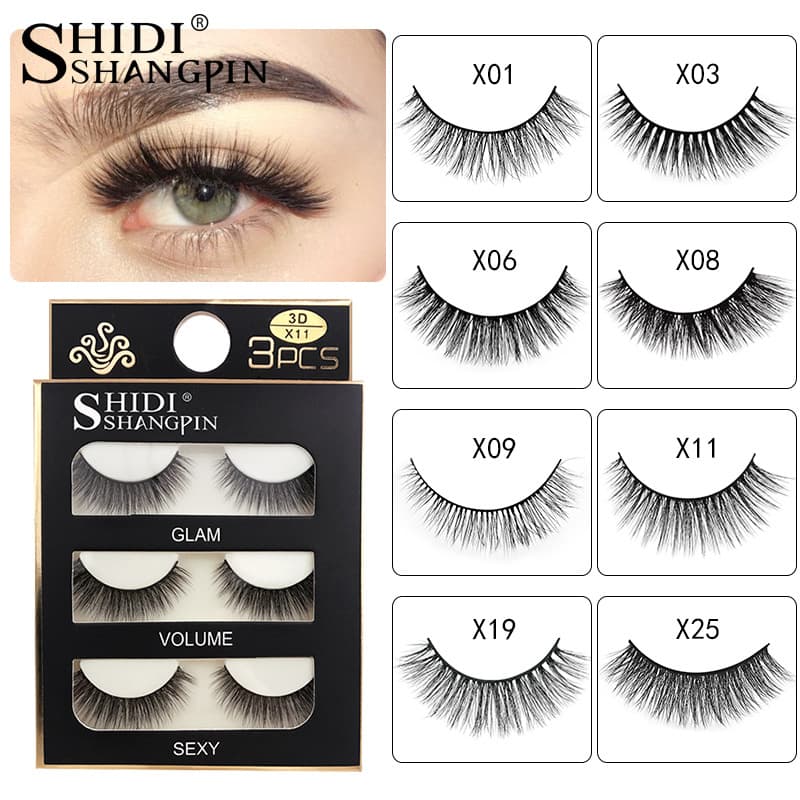 Shidi Shangpin 3D Mink Fur False Eyelashes, Natural Cross Style, 3-Pair Pack, Cross-Border Supply