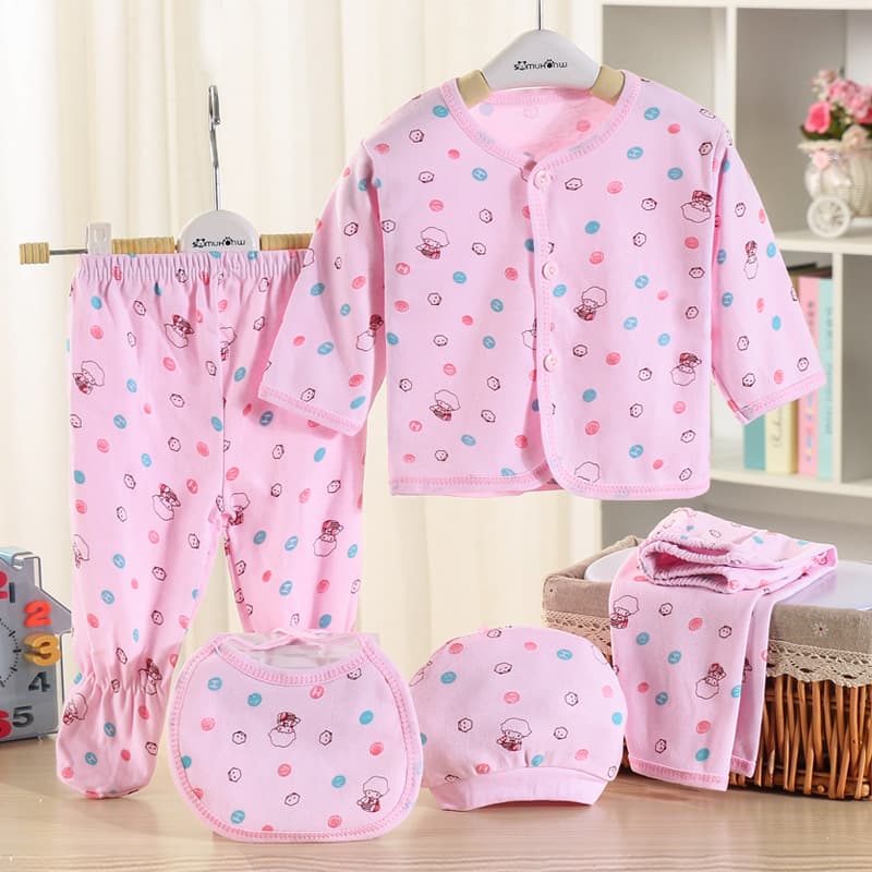 Newborn Baby Spring Autumn Summer Pure Cotton 5-Piece Set Newborn Baby Going Out Clothes Underwear and Pants 5-Piece Set
