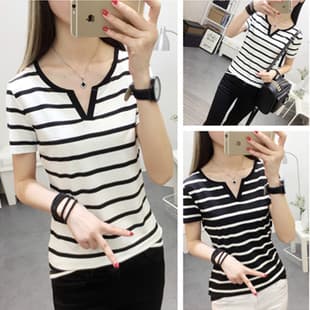 Cross-Border Trend Plus Size Base Layer Women's Stretchy Top Summer 2023 V-Neck Short Sleeve T-Shirt Striped Loose