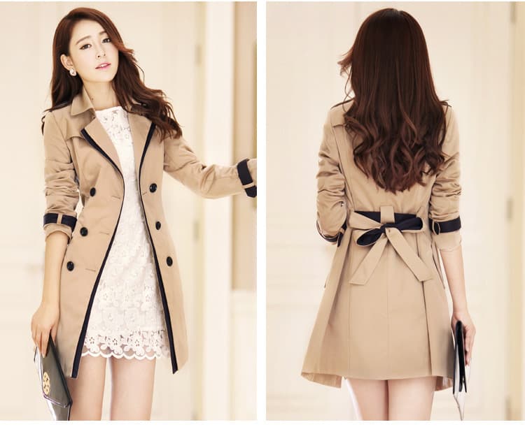 European/American Women's Spring/Autumn Coat Amazon Color Block Korean Style Double-Breasted Trench Coat European Station Trendy Jacket Drop Shipping