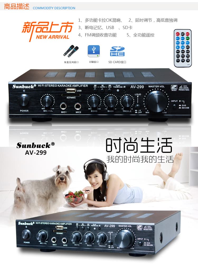 AV-299BT Computer Desktop HIFI Mini Amplifier with Remote Control, FM Radio, USB/SD Card Reader