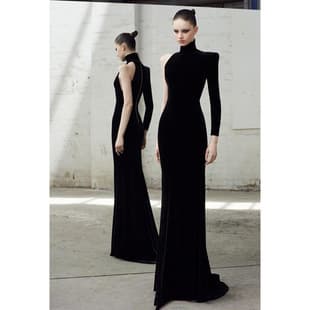 Fashion Show 2026 New Style One-Shoulder Long-Sleeve High-Neck Fishtail Evening Dress with Small Train, Black Gown