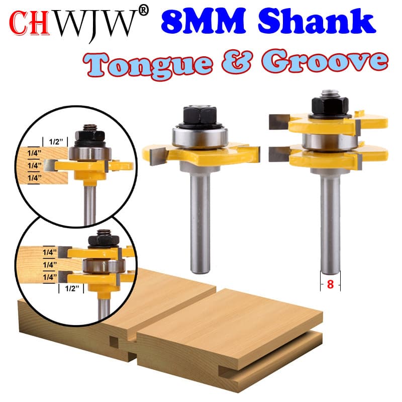 8MM handle high-end 3-tooth T-shaped tenon joint knife floor knife puzzle woodworking milling cutter engraving knife yellow paint 8*1/4