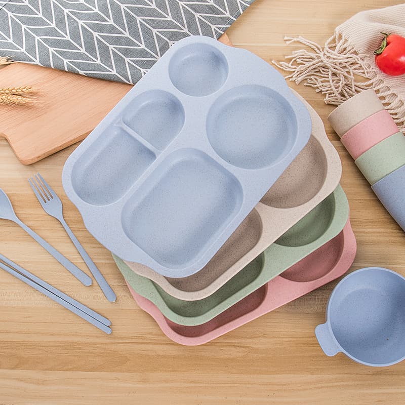 Creative Plastic Wheat Straw Tableware Set Six-Piece Set Kindergarten Student Children Compartment Tray Bowl Spoon