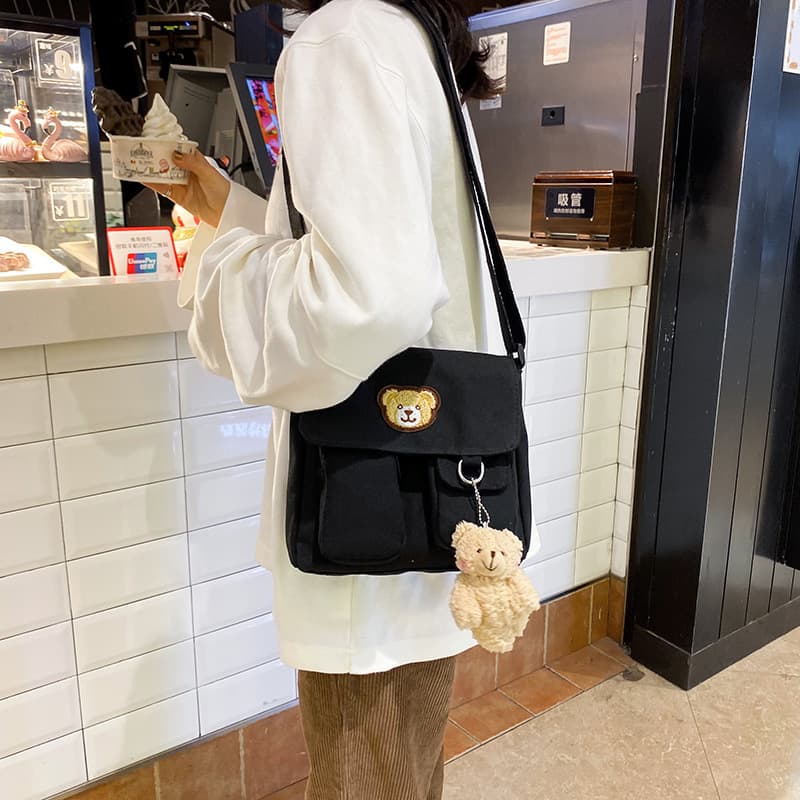 Cute Bear Canvas Single Shoulder Bag Student School Bag Chic Girl Crossbody Bag Japanese Style Embroidery Element Soft Fabric