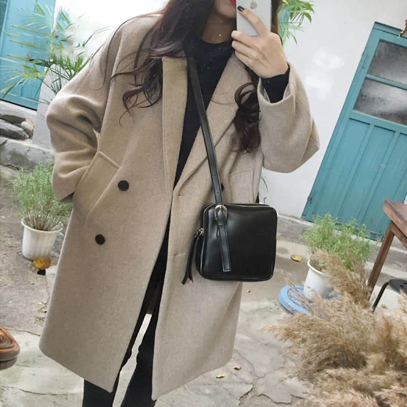 CaiDaiFei Korean Style Women's Woolen Coat Slimming Plus Size Mid-Length Tailored Jacket Polyester Fiber OL Commute Style