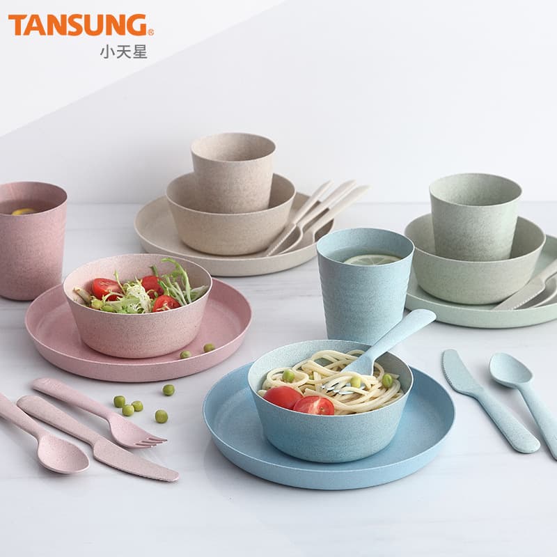 Ready-stock wheat straw tableware, wheat straw tableware set, cup, dish, knife, fork and spoon set, anti-fall dishes and plates wholesale