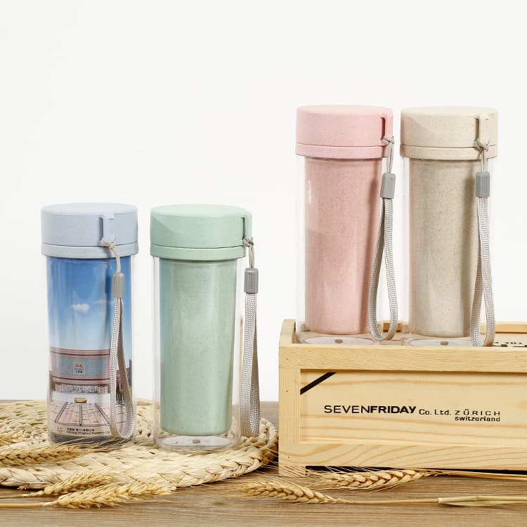 Wheat Straw Fiber Cup Portable Travel Cup Double-Layer Wheat Aroma Cup Creative Gift Water Cup Custom Logo
