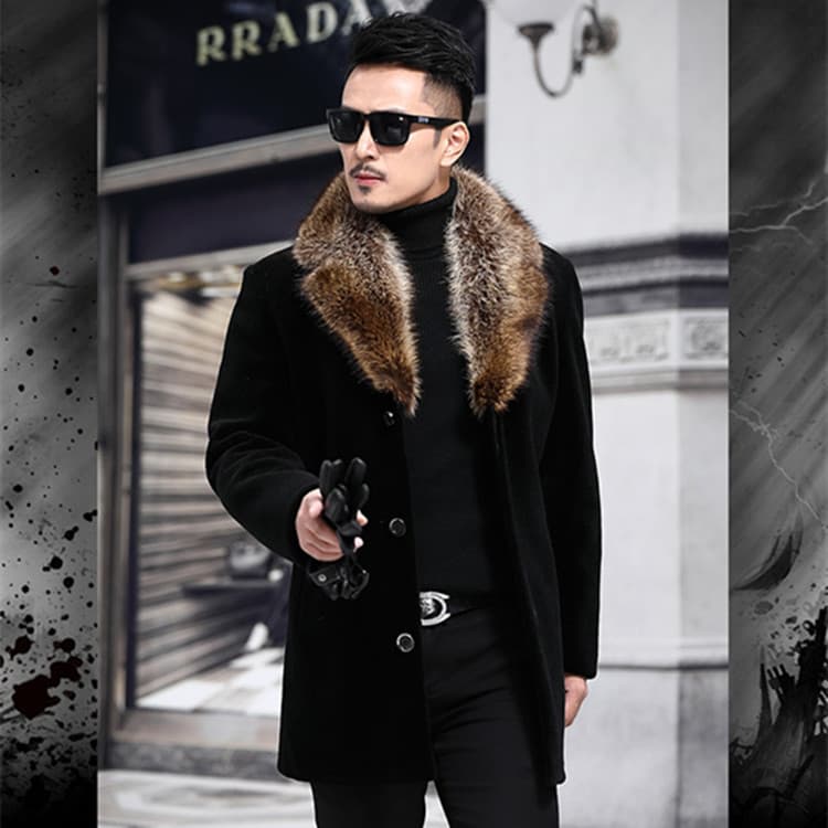 New export product: Men's single-breasted thickened mid-length wool coat with fur collar, available on eBay.