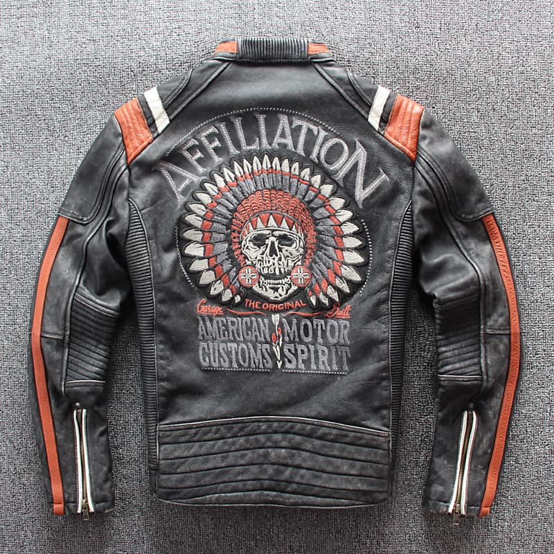 Leather Jacket Men's Spring Autumn New Style Handmade Embroidery Biker Jacket Slim Fit Cowhide Vintage Stand Collar Coat