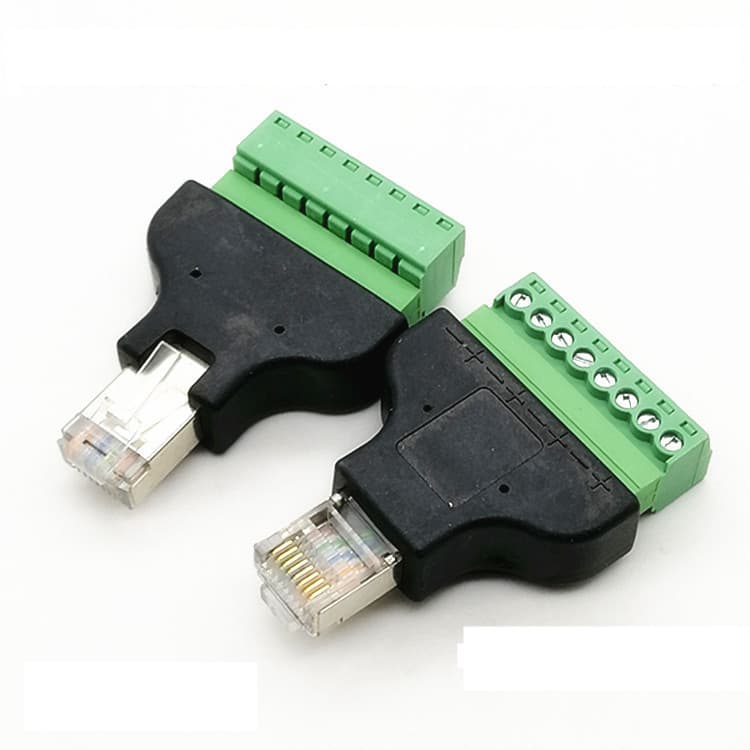 Shielded 8P8C RJ45 Pass-Through Connector with Shield, Tool-Free, RJ45 Male to 8-Pin Terminal Block Adapter
