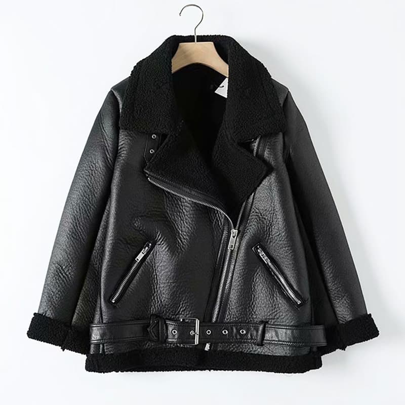 Women's Winter European-American Style Sheepskin Shearling Coat Leather Jacket Medium-Long Motorcycle Jacket Short Style
