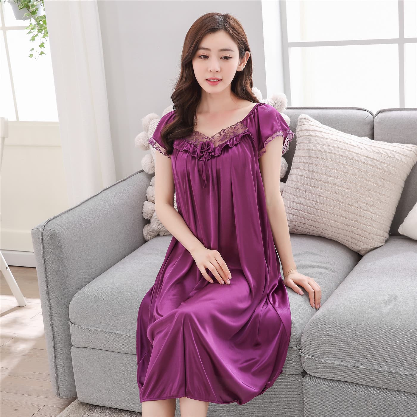 Women's Short-Sleeve Summer Nightgown, Plus Size, Ice Silk, Midi Length