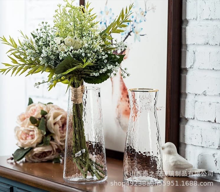Luxury Hammered Pattern Gold-Rimmed Vase, Waisted Hammered T-Shape Vase, Hand-Painted Real Gold Creative Vase