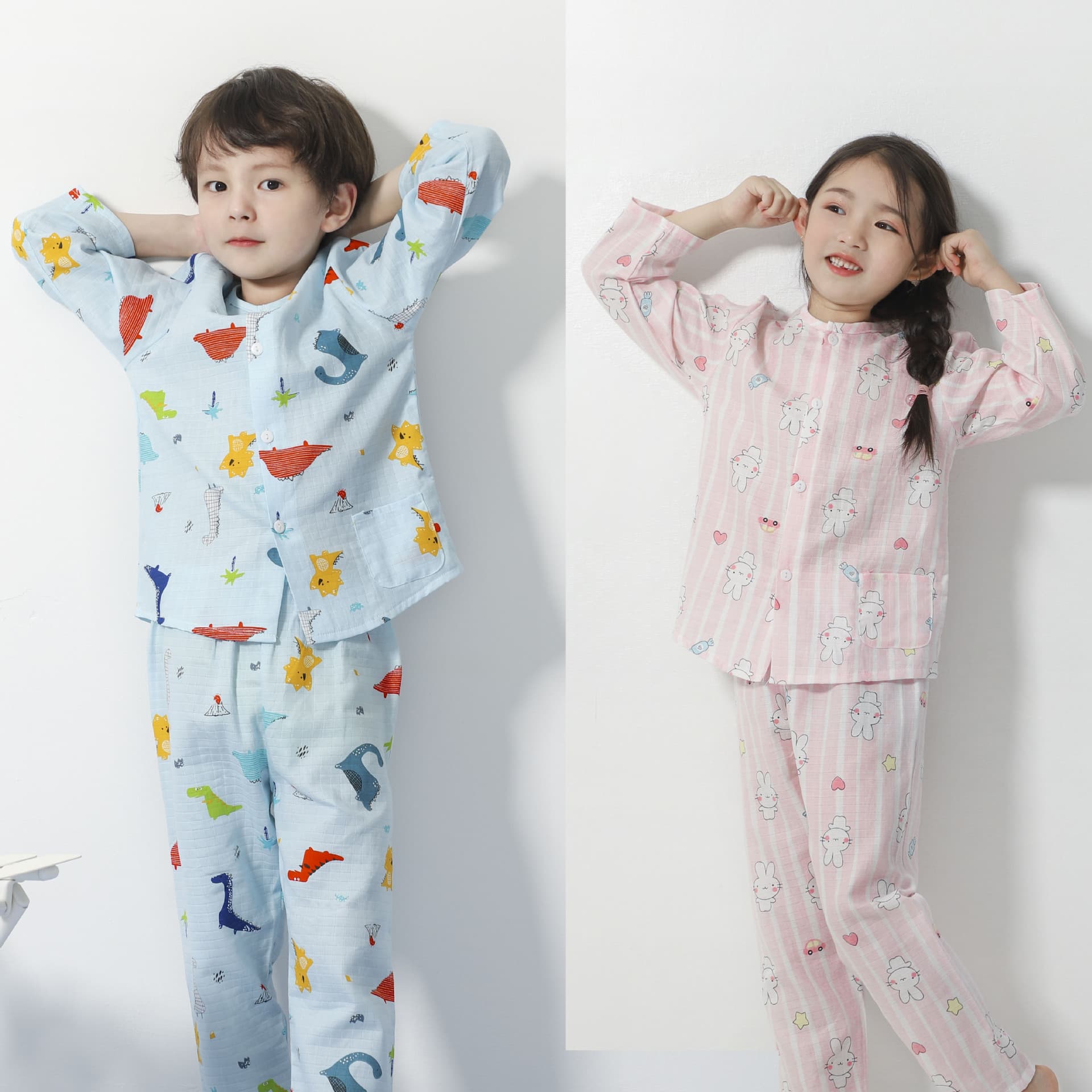 Children's Pure Cotton Gauze Long Sleeve Pajama Set Boys Girls Summer Cotton Muslin Thin Home Wear Air Conditioning Clothes
