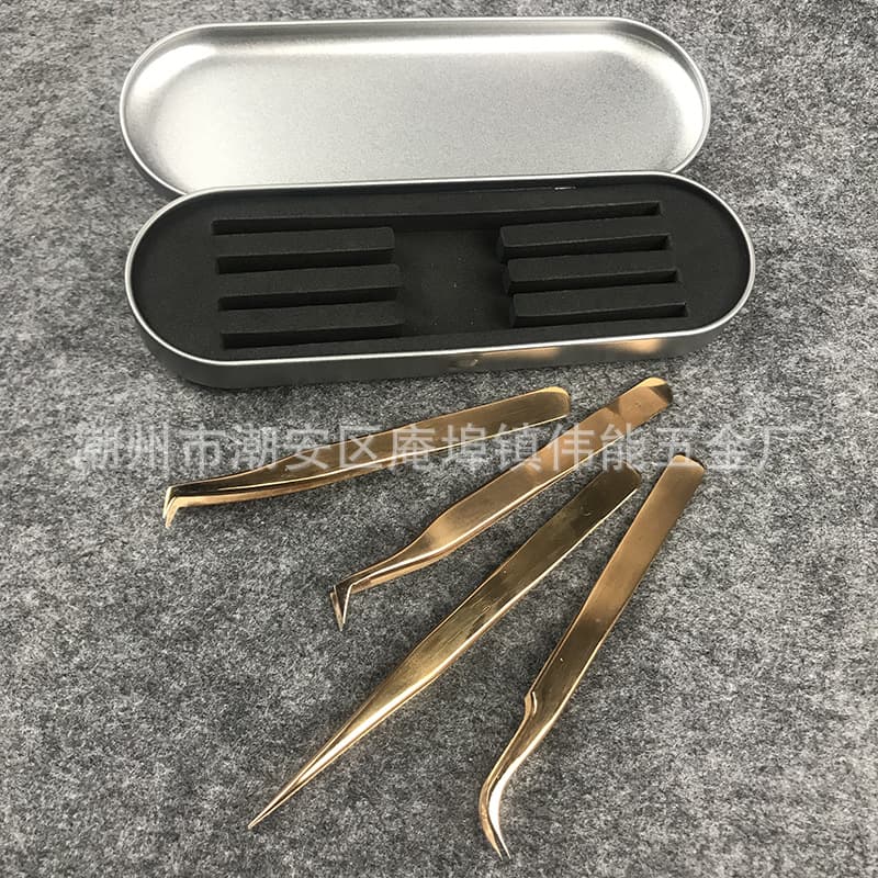 Rose Gold Tweezers for Eyelash Extension, Seven-Character Clip, Butterfly Clip, Pointed Tip Precision Tweezers
