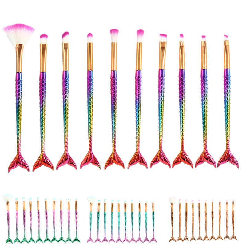 10pcs Four-Color Mermaid Makeup Brush Set Gradient Fish Tail Brushes Beauty Tools Factory