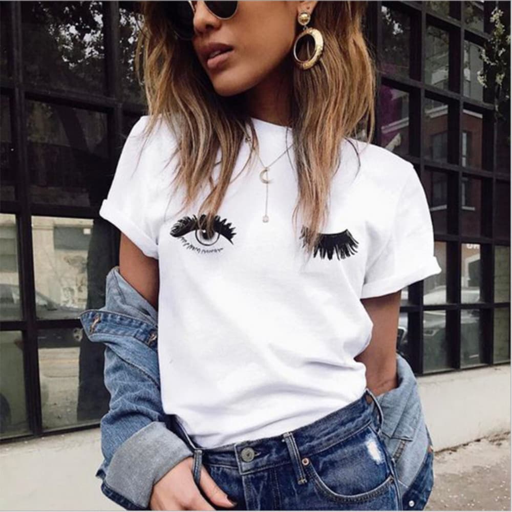 Casual Fashionable Women's T-shirt Short Sleeves Round Neck Ins Web Red Eyelash Long Lashes Tshirt Women's