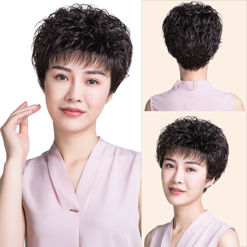Short Wavy Wig for Middle-Aged Women with Round Face, Natural Real Human Hair, Voluminous Full Wig