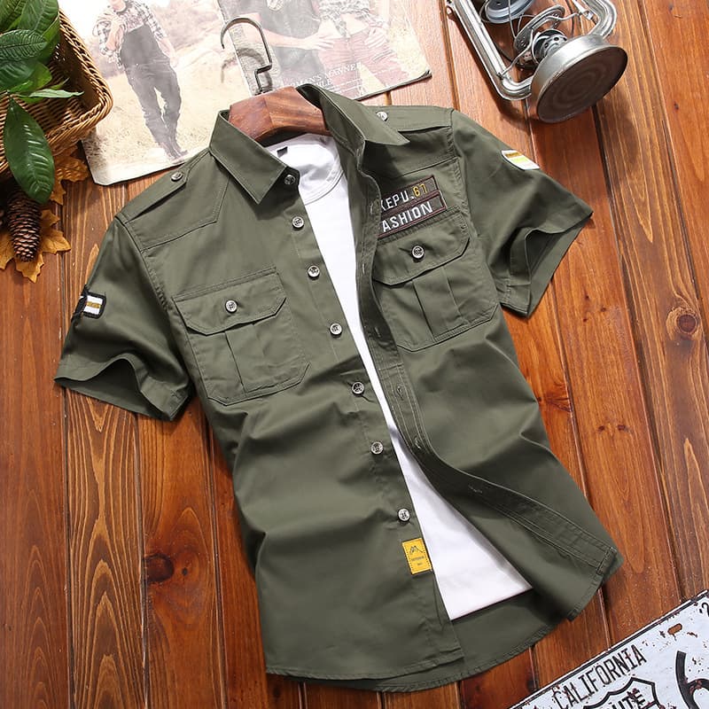 Men's Plus Size Summer New Short Sleeve Shirt Youth Pure Cotton Military Style Casual Fashion Versatile Shirt Jacket