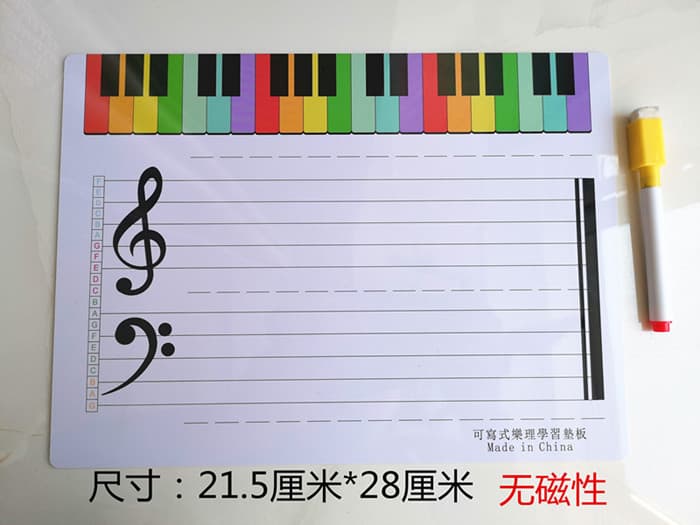 Erasable whiteboard for musical notation, music teaching practice board, piano keyboard, clefboard, note cards, and teaching aids