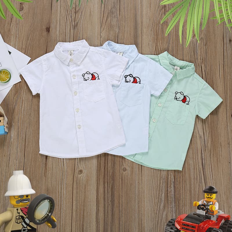 2021 New Solid Color Cartoon Bear Head Short-Sleeve Shirt Casual British Style Toddler & Kids' Shirt One-Piece Delivery