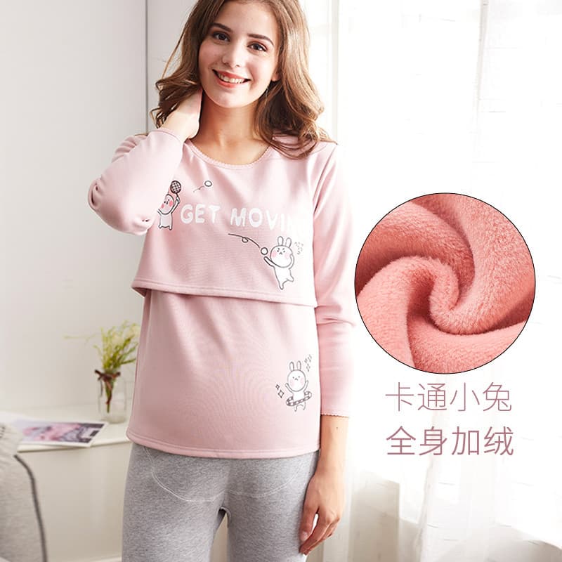 Pure Cotton Maternity Thermal Underwear Set for Spring and Summer, Thickened and Fleece-Lined for Pregnancy, Nursing, and Postpartum, Long-Sleeved Top and Long Johns