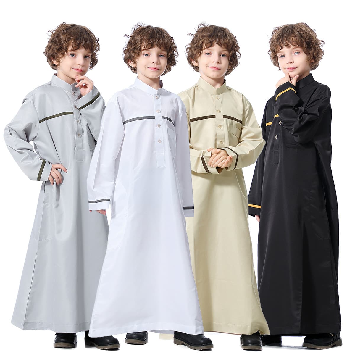 Cross-border Hot Selling Teen Boys' Contrast Color Stand Collar Long Gown Ethnic Clothing TH876
