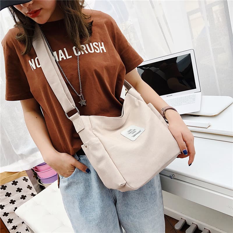 2019 New Ins Style Solid Color Large Capacity Canvas Bag for Women, Single Shoulder, Small Fresh Student Artistic Crossbody Large Bag