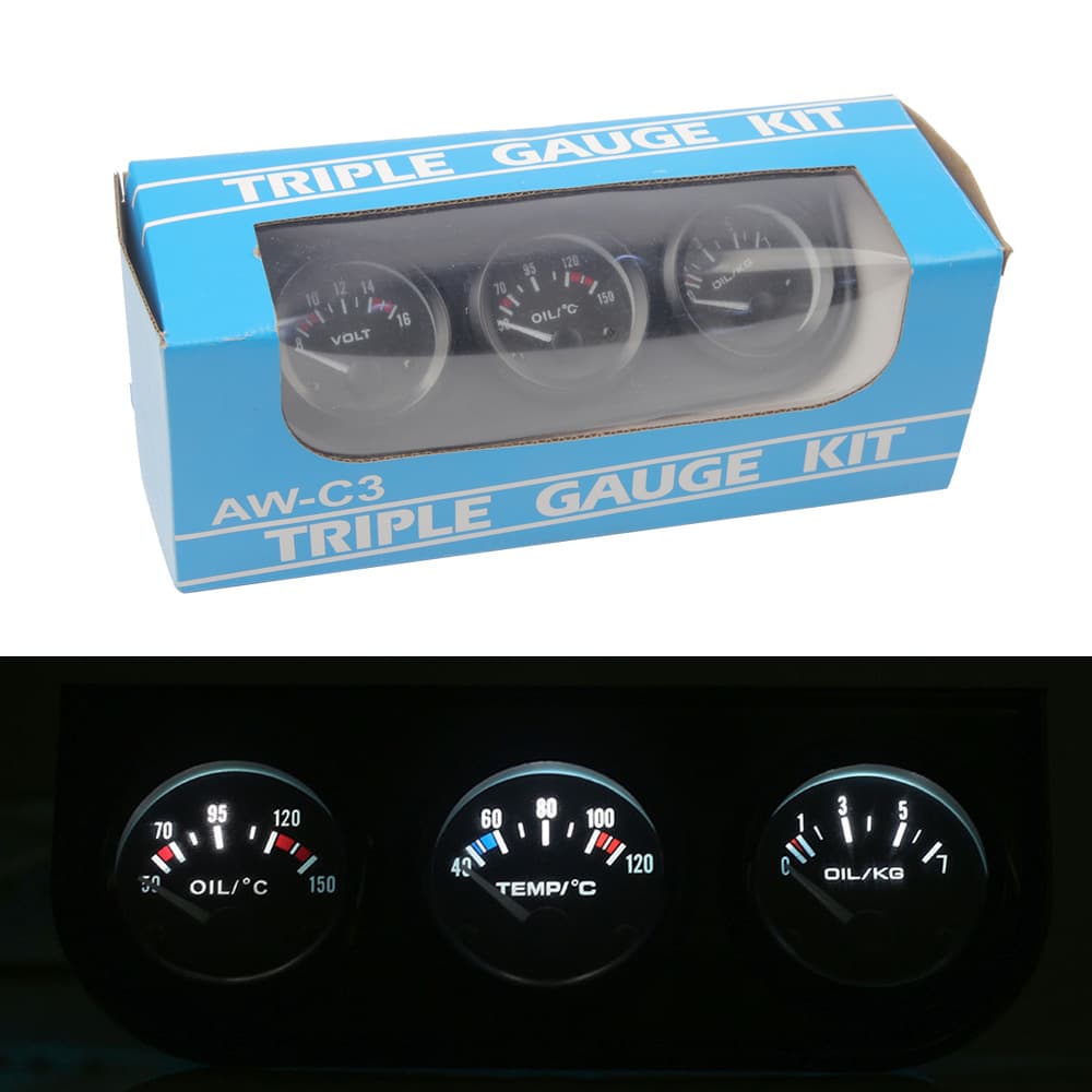 New Auto Parts Modified 3-in-1 Voltage, Oil Temperature, Oil Pressure, Water Temperature Car Gauge Set