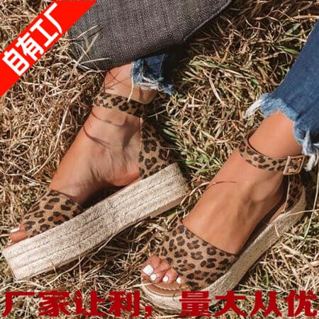 In Stock 2019 Summer Peep-Toe Flat Woven Espadrille European American Buckle Fashion Sandals Breathable High Heel Women's Shoes Factory Size 43