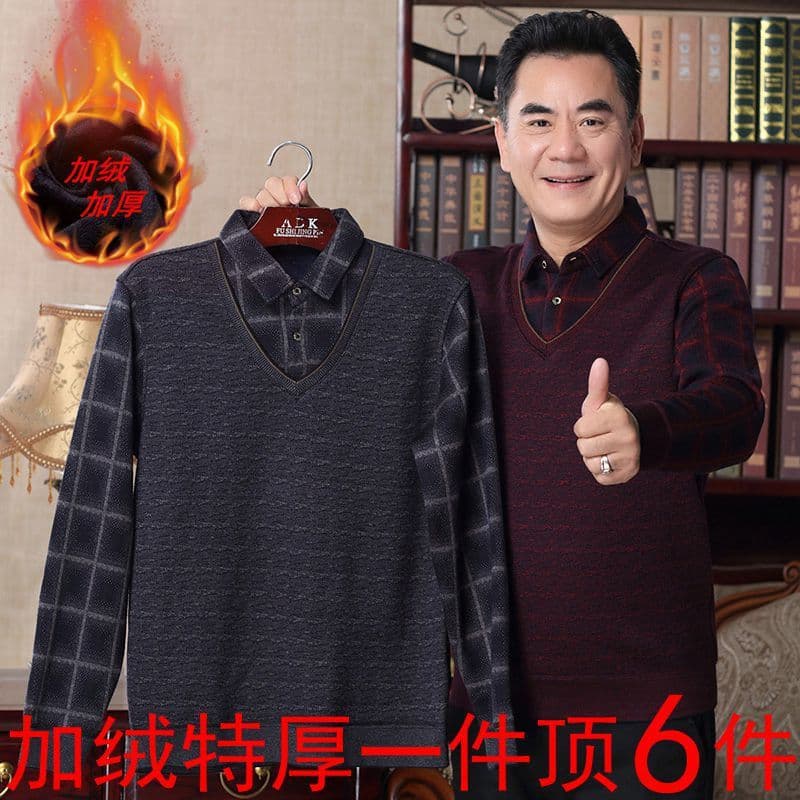 2024 Fleece-Lined Thickened Fake Two-Layer Shirt for Middle-Aged and Elderly Men, Dad Style for Ages 40-60, Thermal Base Layer for Middle-Aged Men