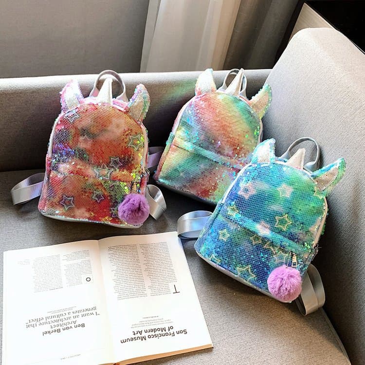 Stylish and trendy Japanese and Korean fashion colorful cool children's parent-child backpack with pom-poms, cute unicorn girl sequins