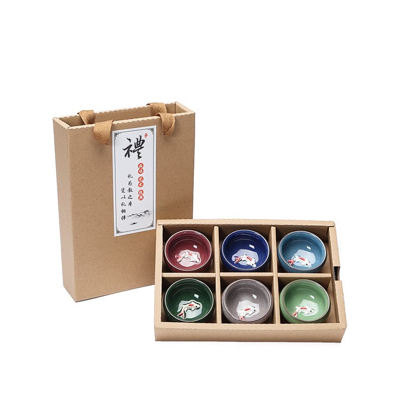Crackle Glaze Colorful Small Fish Tea Cup, 6-Pack Creative Small Gifts, Carp Relief Ceramic Kung Fu Small Tea Bowl Wholesale