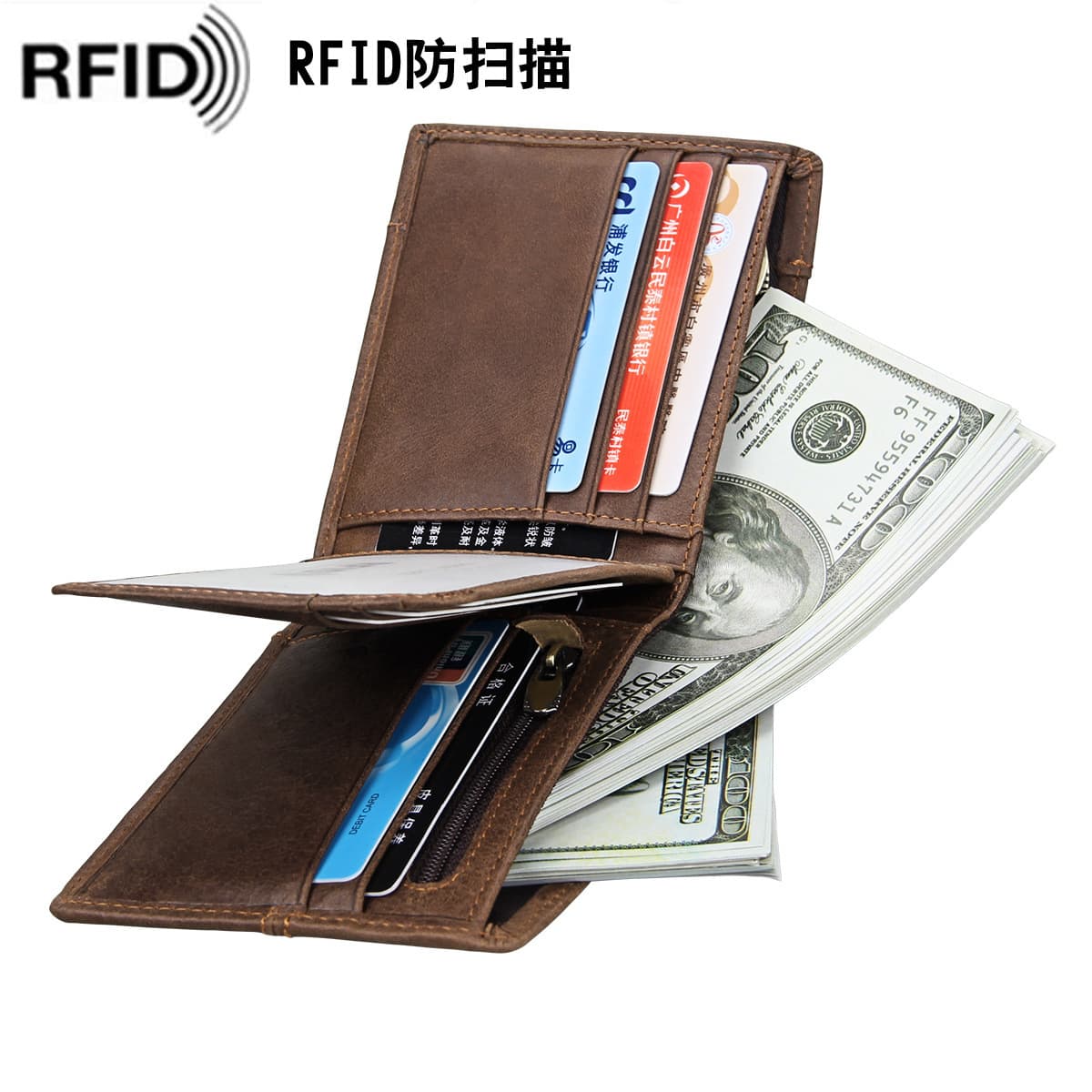 Amazon Genuine Leather Men's Wallet RFID Crazy Horse Cowhide Short Wallet Anti-Demagnetization Vintage Casual Coin Purse