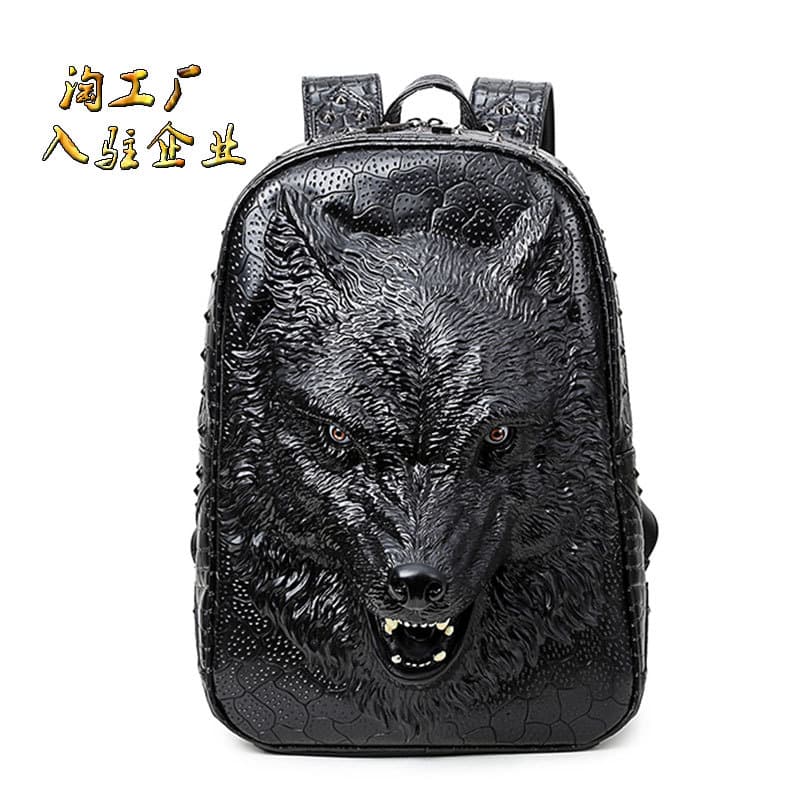 Cross-border hot-selling PU leather punk backpack women's laptop handbag embossed 3D wolf head personalized cool backpack men