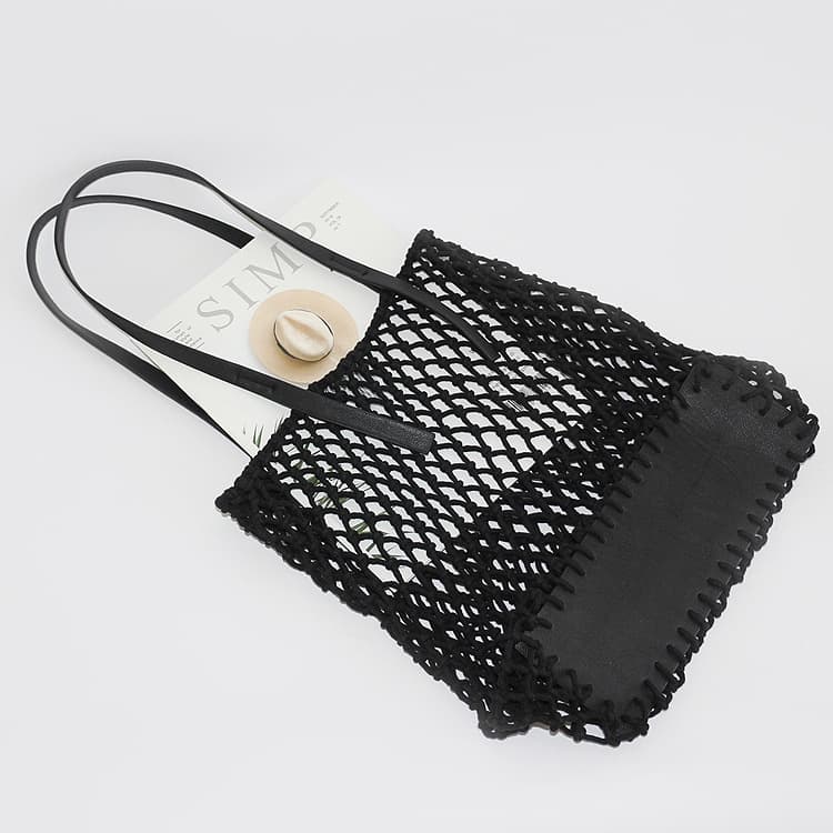 New Hollow Rectangular PU Base Cotton Rope Braided Bag, Vacation Straw Net Bag Beach Bag Women's Large Shoulder Bag