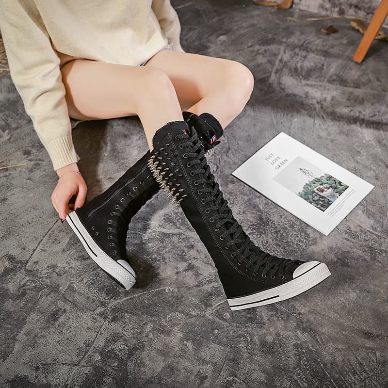 Long Rivet Dance Shoes High-Top Lace-Up Canvas Shoes Punk Shoes Long Boots with Inner Side Zipper Rubber Casual Shoes