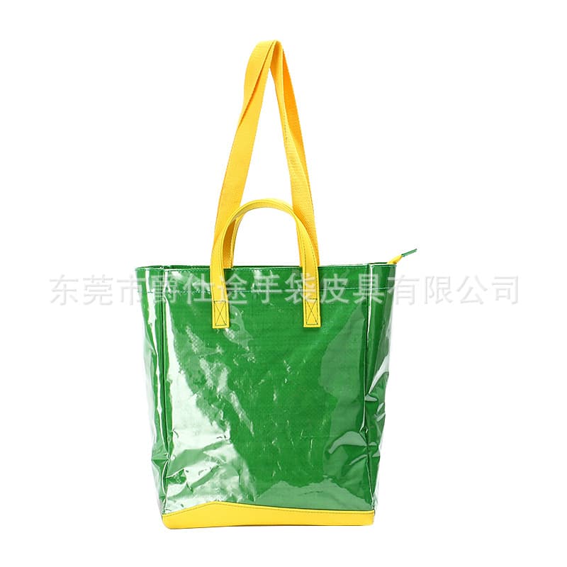 European and American Fashion PE Woven Tote Bag, Waterproof Green PE Woven Shoulder Bag, Fashion Double-layer Patchwork Shopping Bag