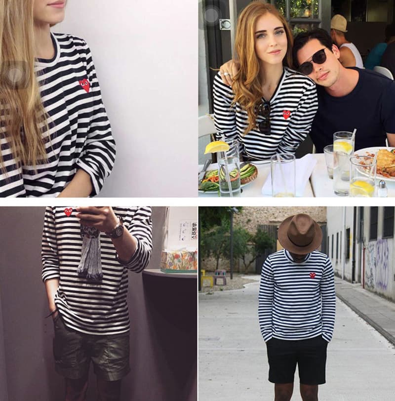 Japanese Streetwear Embroidered Heart Stripe Long Sleeve T-Shirt for Men and Women, Couple Style