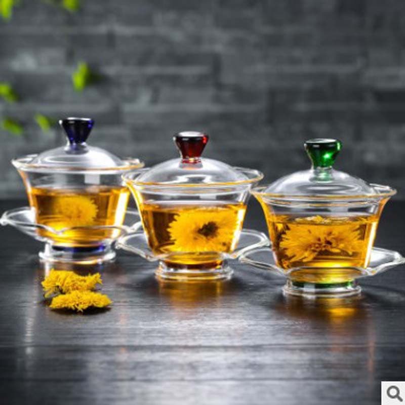 High Borosilicate Glass Three-Talent Lidded Bowl Tea Infuser Transparent Household Teacup Gongfu Tea Set Tea Divider Blue and White Porcelain