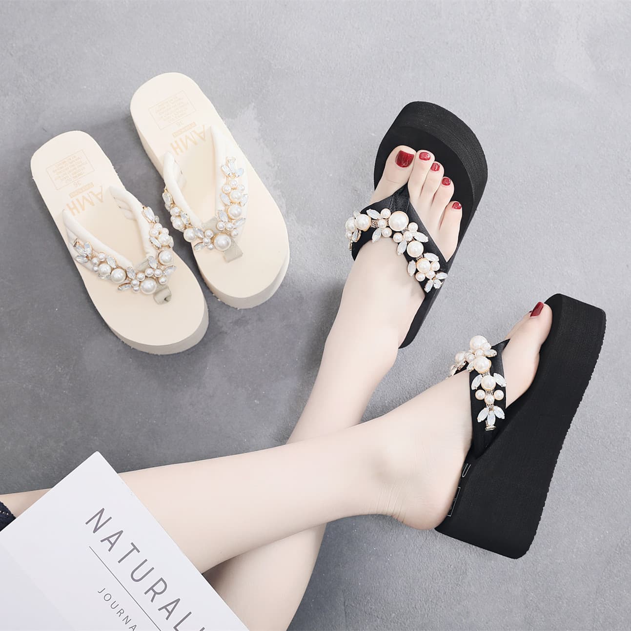 2019 New High Heel Flip Flops for Women Summer Fashion Pearl Sandals Wedge Thick Sole Non-Slip Toe Separator Beach Shoes