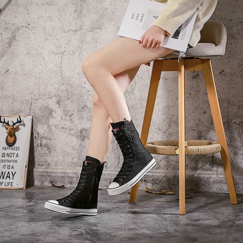 2022 Korean Style Short Boots with Front Lace and Side Zipper, High Top Inner Height Increase, Versatile Canvas Shoes, Casual Shoes, Lace Shoes