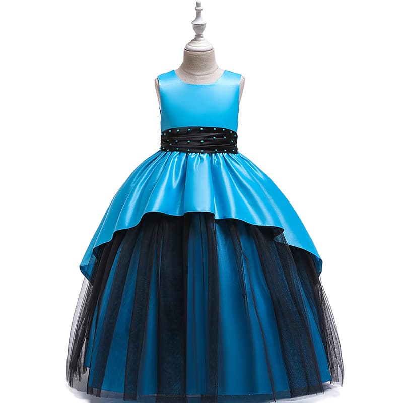 Children's dress princess dress long 2025 new girls black mesh puffy evening dress satin floor-length long dress