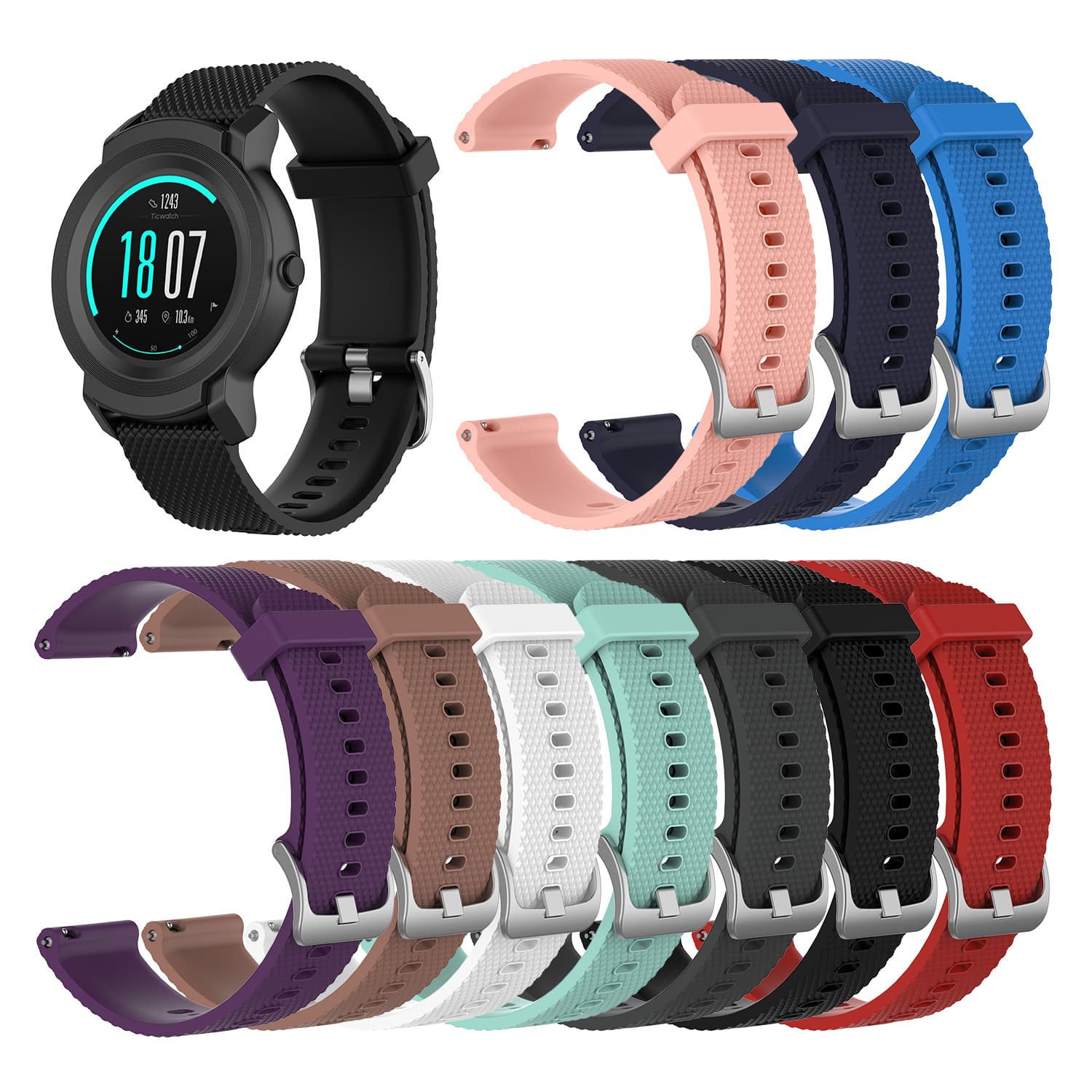 Silicone Strap for TicWatch Smart Watch E2 S2, Solid Color Fashion Breathable Hole 22mm Textured Band