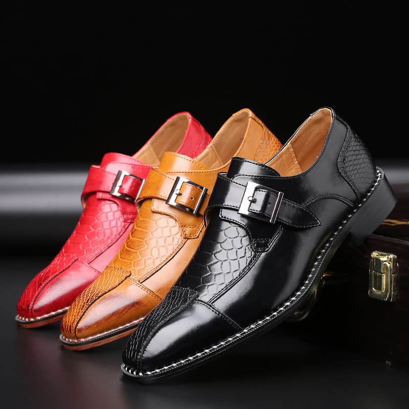 Cross-border Men's Leather Shoes British Pointed Toe Fashion Crocodile Pattern Leather Shoes Side Buckle Casual Men's Shoes Drop Shipping