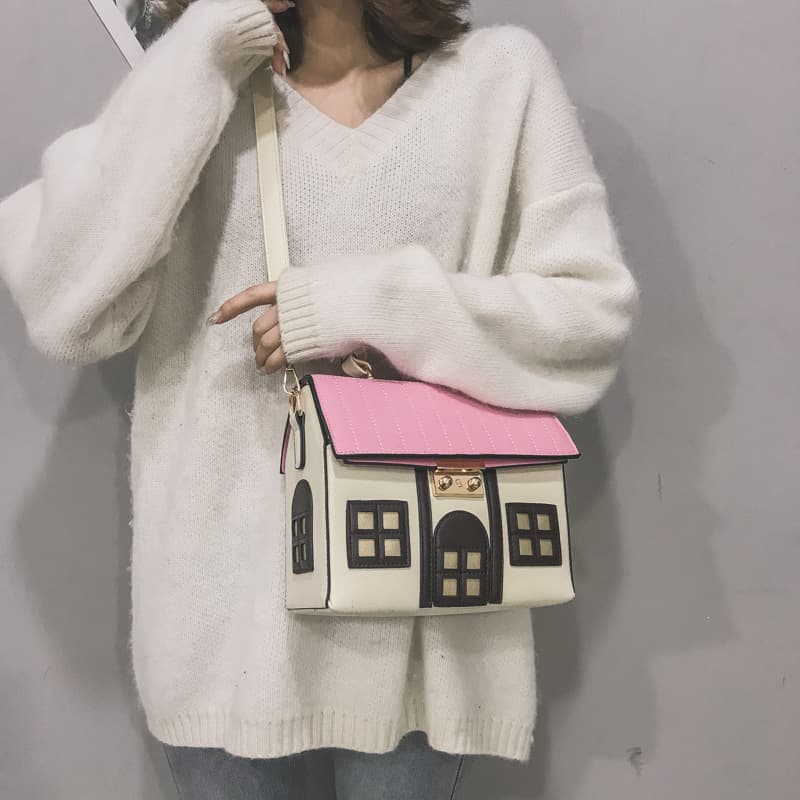 Foreign trade new style color block creative quirky small house crossbody bag, cartoon cute little house handbag, personalized women's bag