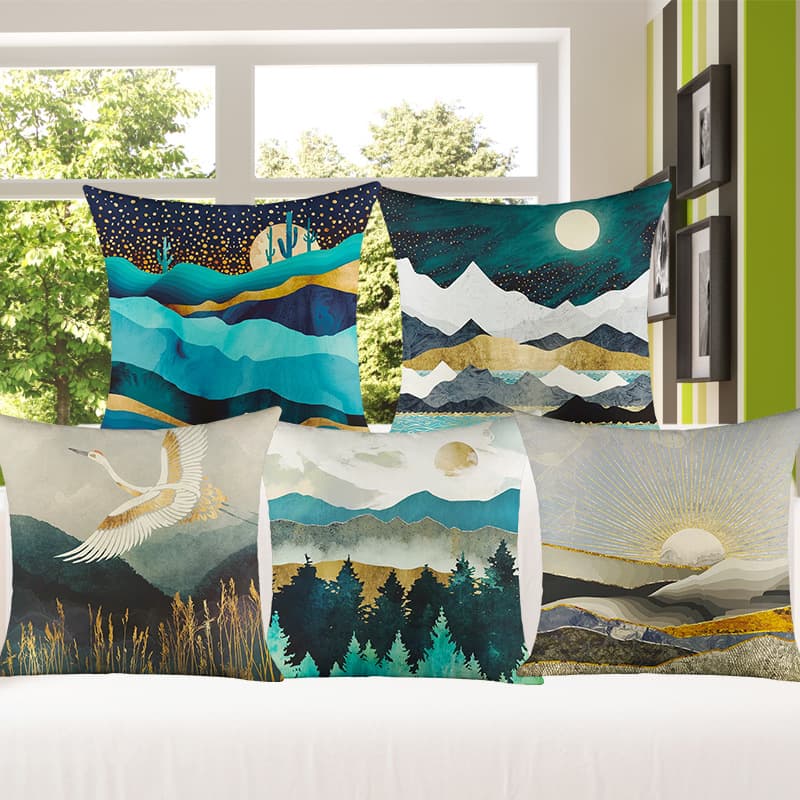 Factory direct Amazon explosions pillow cover abstract Mountain Lake sunshine cotton and linen encryption pillow cushion cover