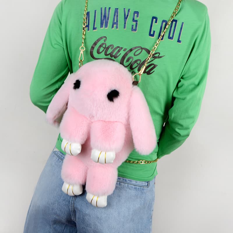 Cute rabbit bag, faux rabbit fur bag, plush rabbit bag with chain strap.